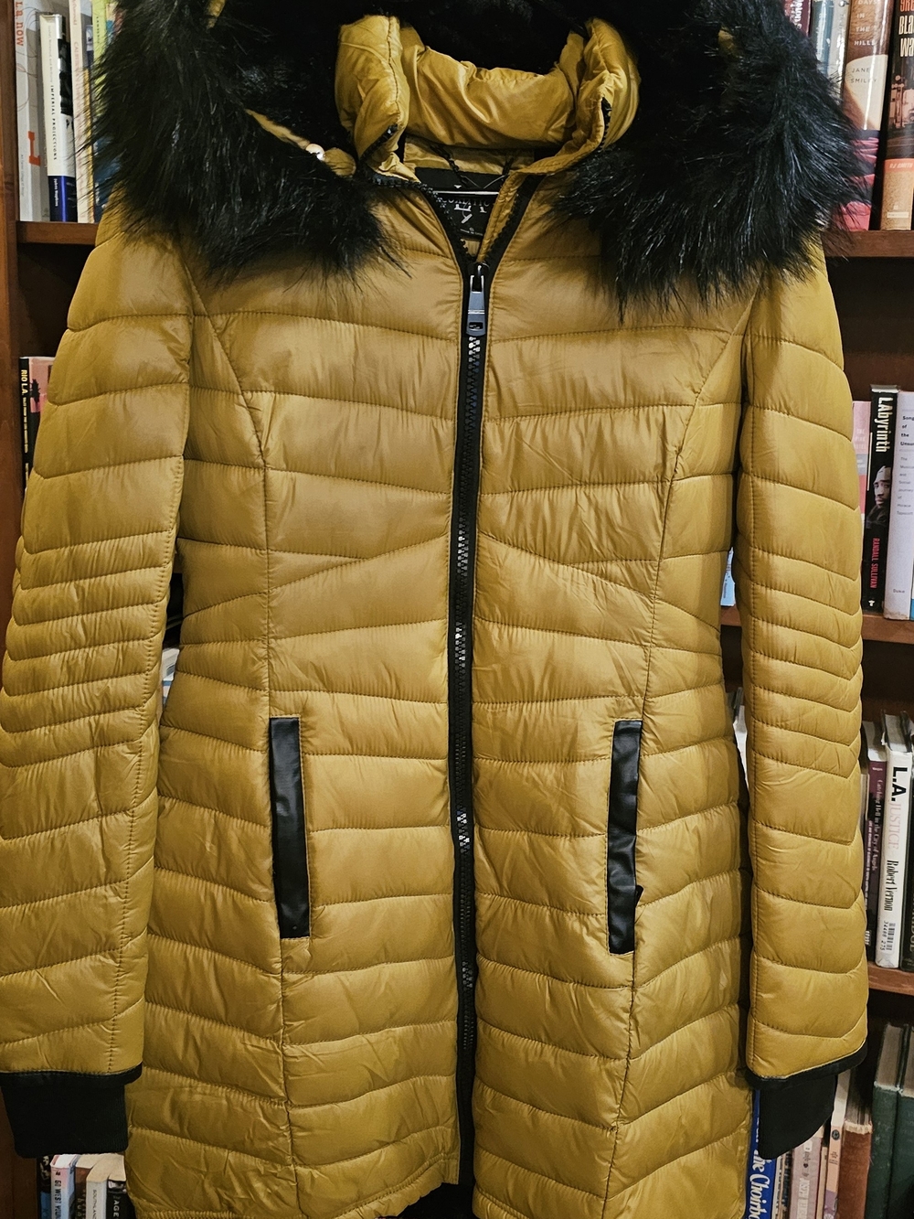 Women's Mustard Quilted Puffer Coat with Faux Fur Trim - Lightweight Warmth